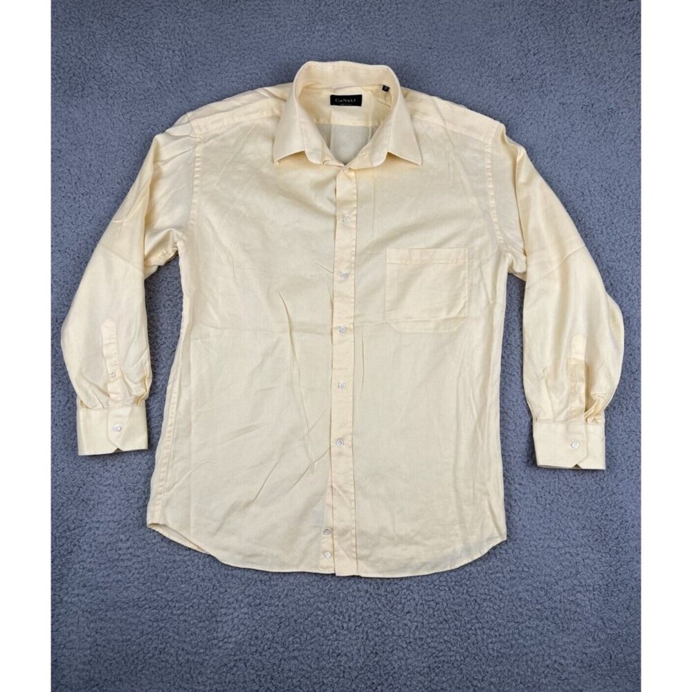 Canali Dress Shirt Mens 17/43 Yellow Diagonal Long Sleeve Button Up Italy Cotton